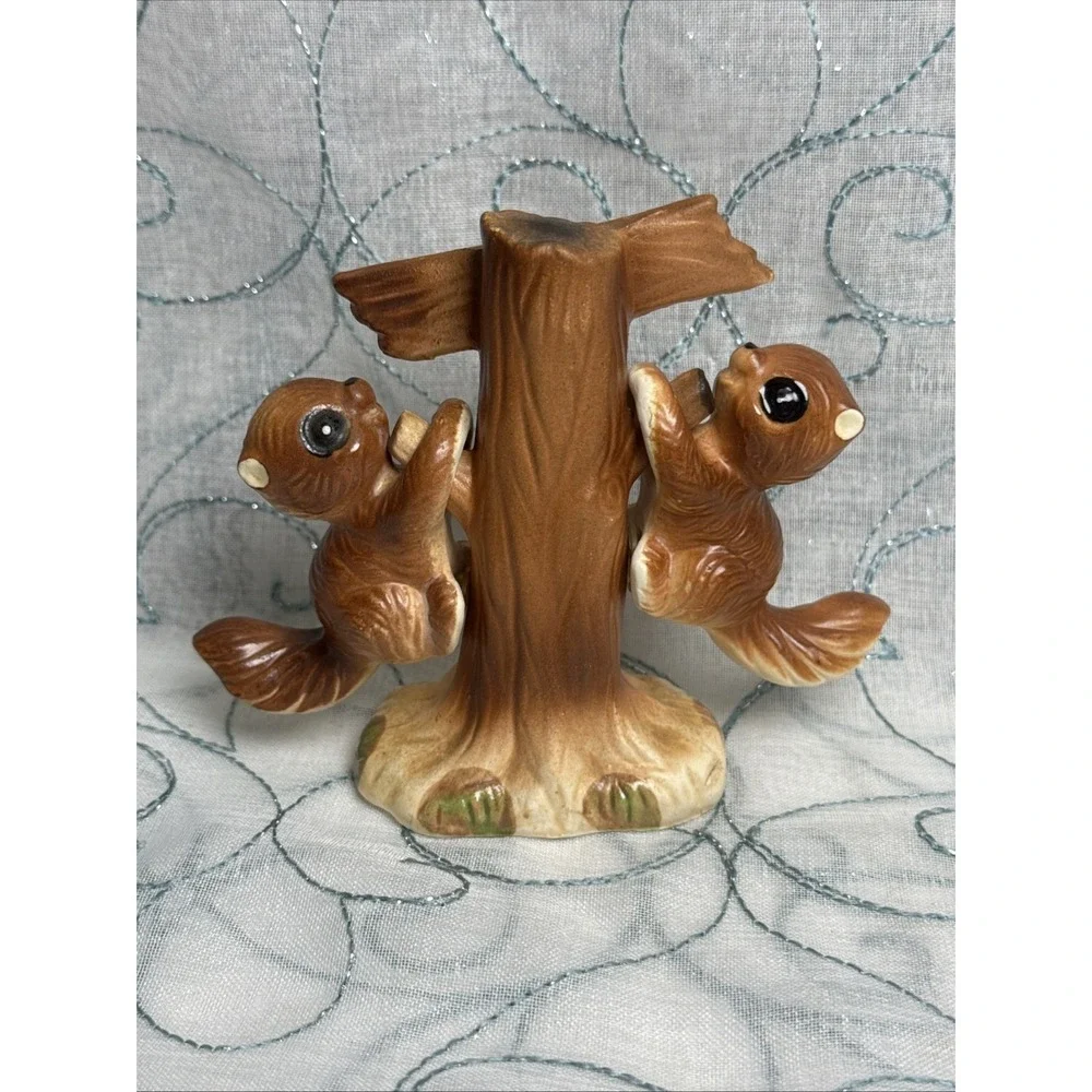 Vintage Squirrel Salt & Pepper Shakers with Tree Stand Holder‎ 1950s Japan 4.5